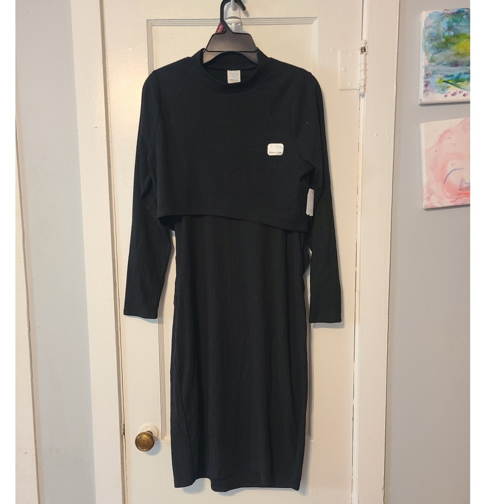 Time and Tru Maternity Black Ribbed Midi Dress & Crop Sweater 2 Piece Set S 4-6